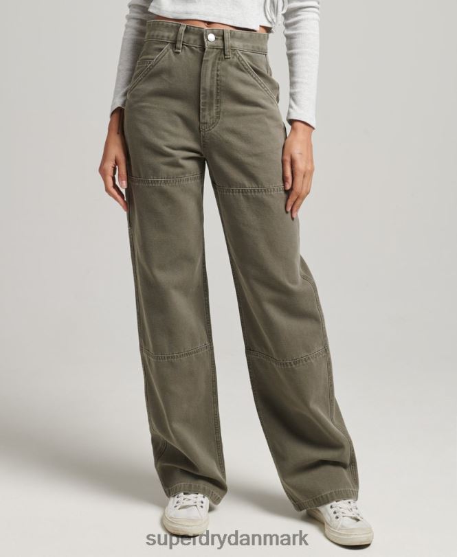 Superdry kaki Kvinder tøj snedkerbukser med brede ben 868VH2583